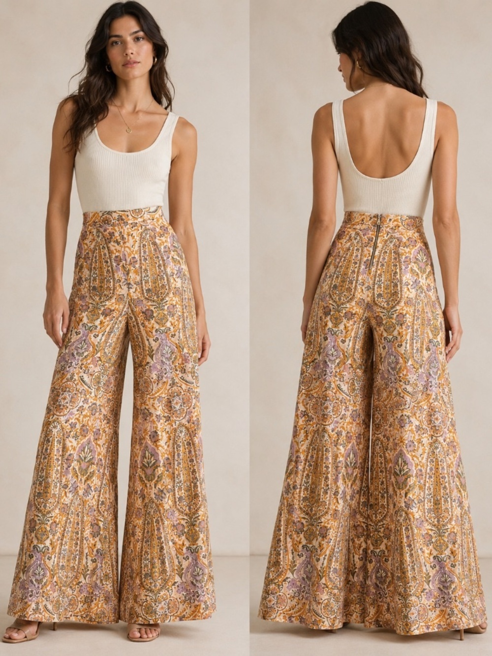 Rare Ollari LEENA Tapestry Pants High Rise Wide Leg Fully Lined Boho Chic M